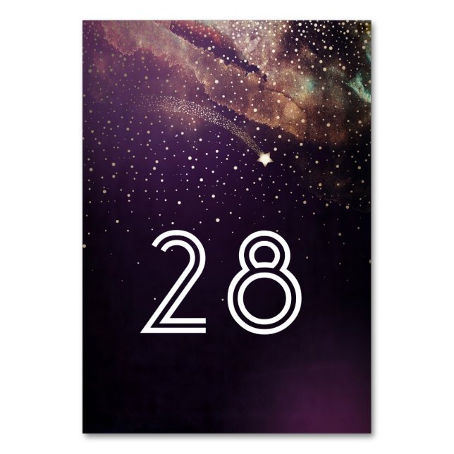 Shooting Star Plum Purple Starry Night Wedding Table Number (Front)