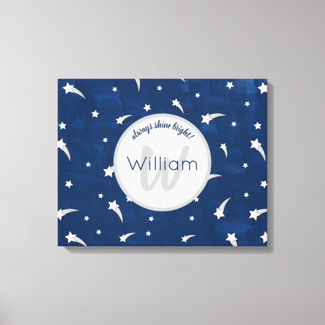 Shooting Stars Navy Blue Watercolor Monogram Canvas Print (Front)