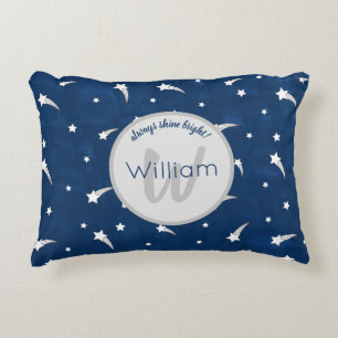 Shooting Stars Navy Blue Watercolor Monogram Decorative Cushion