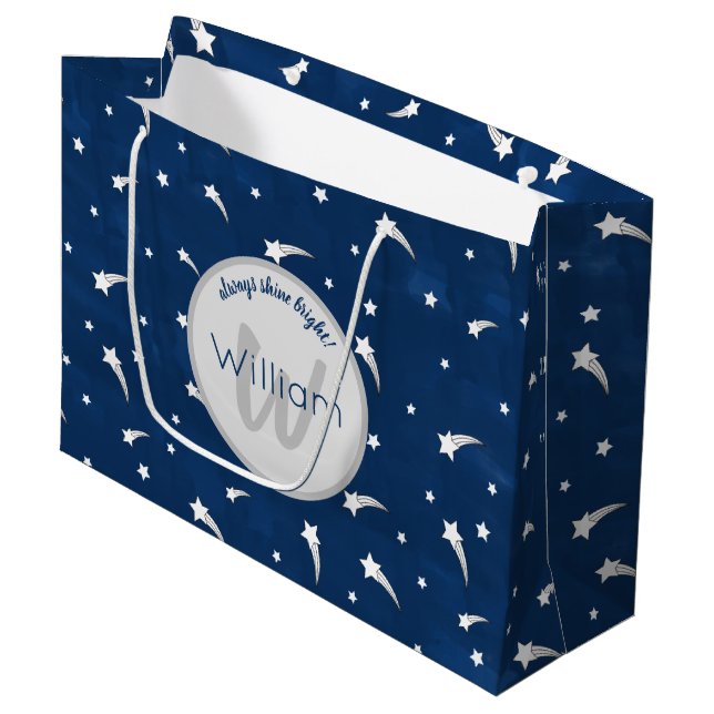Shooting Stars Navy Blue Watercolor Monogram Large Gift Bag (Front Angled)