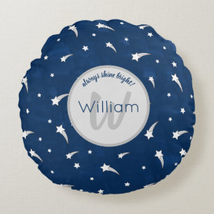 Shooting Stars Navy Blue Watercolor Monogram Round Cushion