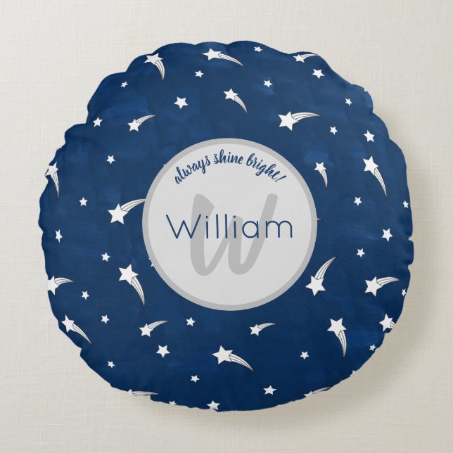 Shooting Stars Navy Blue Watercolor Monogram Round Cushion (Front)