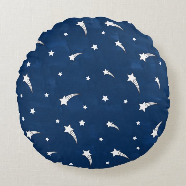 Shooting Stars Navy Blue Watercolor Round Cushion (Front)
