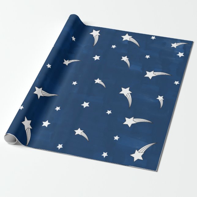Shooting Stars Navy Blue Watercolor Wrapping Paper (Unrolled)