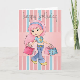 Shopping Birthday Card - Cute Female With Shopping