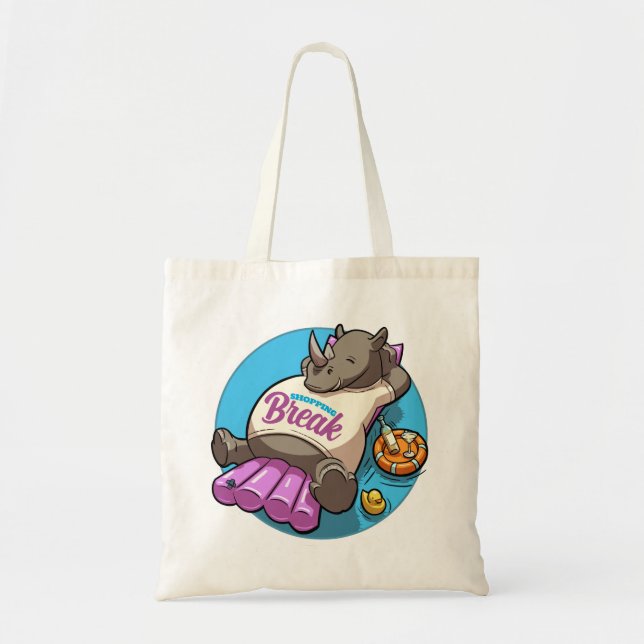 Shopping Break Funny Relaxed Rhino Pool Cartoon Tote Bag (Front)