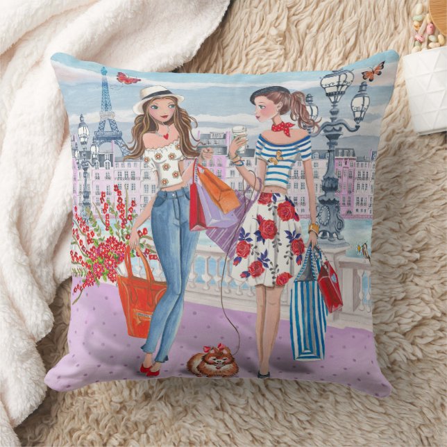 Shopping girls in Paris | Cotton Throw Pillow (Blanket)