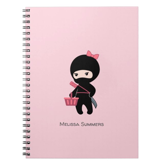Shopping Ninja Girl Custom Name on Pink Notebook (Front)