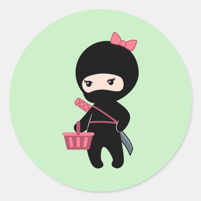 Shopping Ninja Girl on Green Classic Round Sticker (Front)