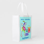 Shopping Poodle Whimsy Dog Art Turquoise Reusable Grocery Bag (Back Side)