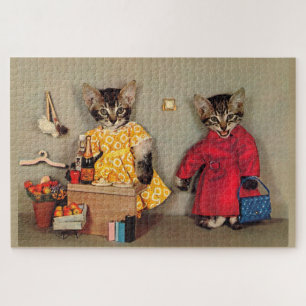 shopping tabby kitten and cashier tabby kitten jigsaw puzzle