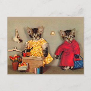 shopping tabby kitten and cashier tabby kitten postcard