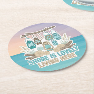 Shore Is Lovely Living Here Round Paper Coaster