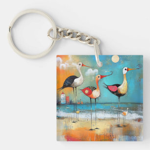 Shorebirds, whimsical illustration, key ring