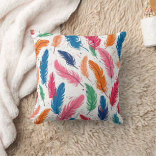 short, colourful feathers cushion