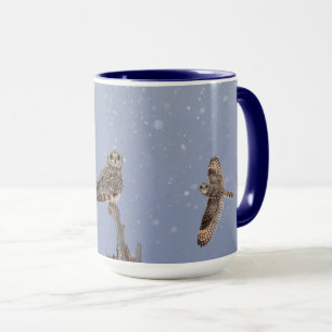 Short-eared owls on a snowy day mug