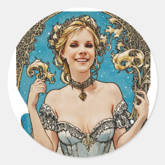 Short Haired Blonde V1 Mucha Style Art Classic Round Sticker