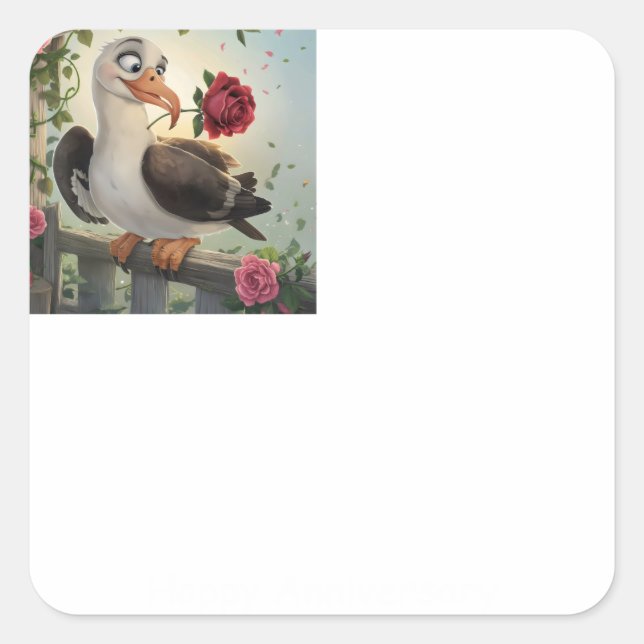 Short tailed albatross with rose in beak square sticker (Front)