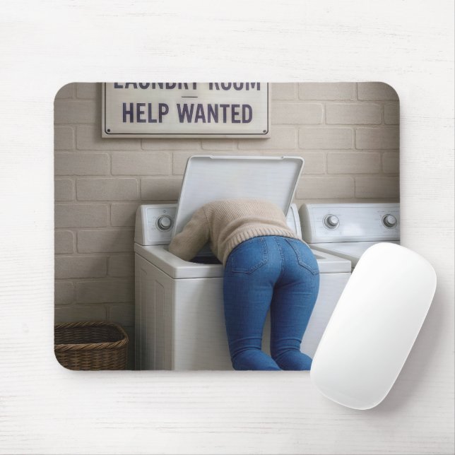 Short Woman Headfirst In a Washing Machine Mouse Mat (With Mouse)