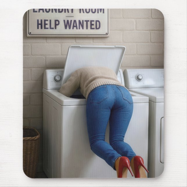 Short Woman Headfirst In a Washing Machine Mouse Mat (Front)