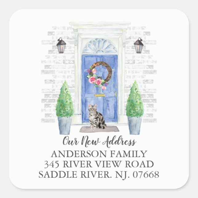 Shorthair Cat Blue Door New Address Label Sticker (Front)