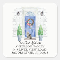 Shorthair Cat Blue Door New Address Label Sticker
