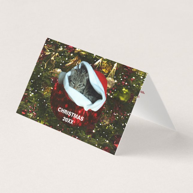 Shorthair Grey Cat in Red Santa Hat Christmas 20XX (Front)