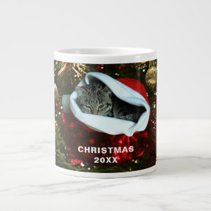 Shorthair Grey Cat Red Santa Hat Christmas 20XX Large Coffee Mug