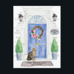 Shorthair Tabby Cat Moving Announcement Postcard<br><div class="desc">Announce your new address with our stylish announcement featuring a American Shorthair Brown Tabby,  blue front door,  welcome mat,  slate sign,  topiaries and a floral wreath set on a grey brick background.</div>