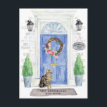 Shorthair Tabby Cat Moving Announcement Postcard<br><div class="desc">Announce your new address with our stylish announcement featuring a American Shorthair Brown Tabby,  blue front door,  welcome mat,  slate sign,  topiaries and a floral wreath set on a grey brick background.</div>