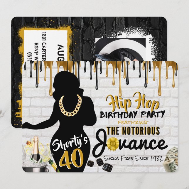 Shorty's 40| 90's Hip Hop Birthday Drip Photo Invitation (Front/Back)