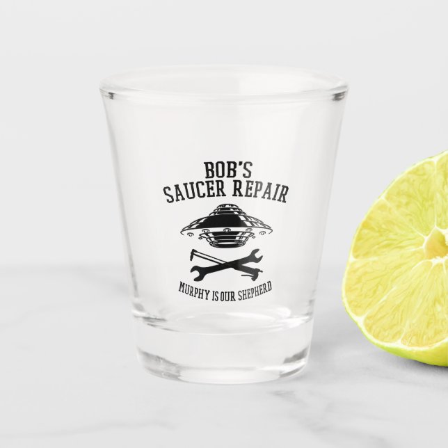 shot glass with black Bob's Saucer repair logo (Front)