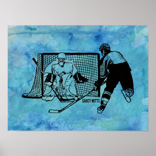 Shot On Net Hockey Sketch on Blue Watercolor Poster (Front)