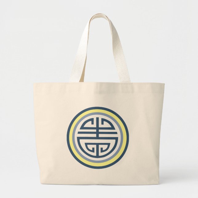 Shou Chinese Longevity Symbol • Blue and Yellow Large Tote Bag (Front)