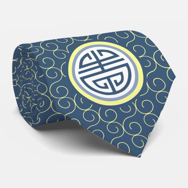 Shou Chinese Longevity Symbol - Blue and Yellow Tie (Rolled)