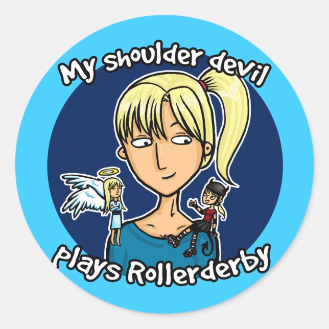 Shoulder devil plays rollerderby classic round sticker (Front)