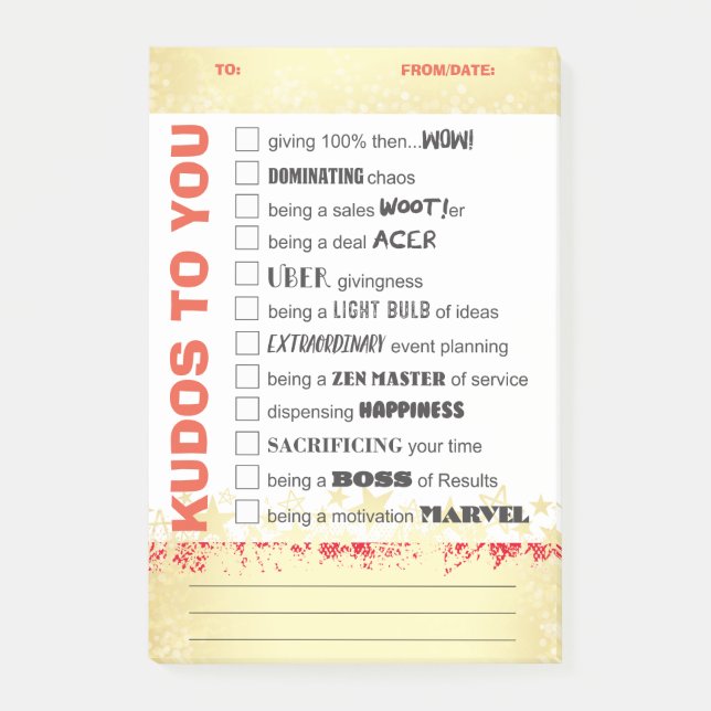 Shout out kudos employee recognition post-it award post-it notes (Front)