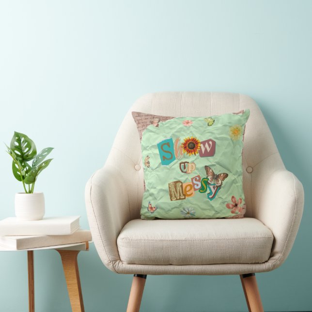 Show Up Messy Collage Mint Throw Pillow (Chair)