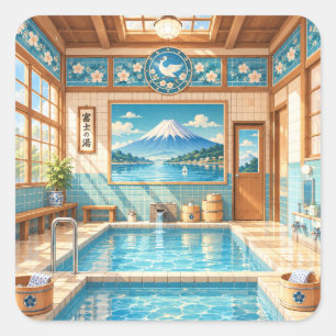 Showa Retro Bathhouse and Mt. Fuji Nostalgic Jap Square Sticker