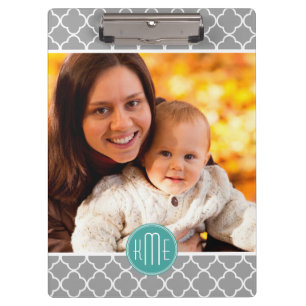 Showcase Your Photo Grey Quatrefoil Mint Monogram Clipboard