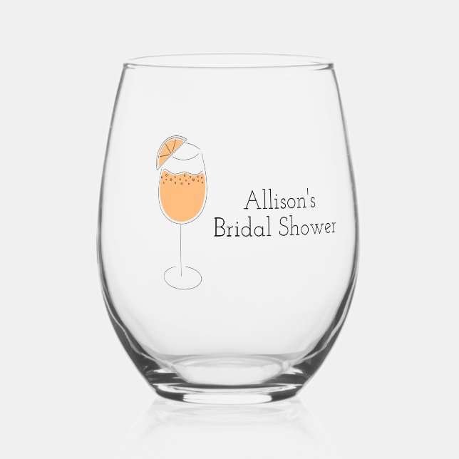 Shower and Spritz Bubbly Cocktail Bridal Shower Stemless Wine Glass (Front)