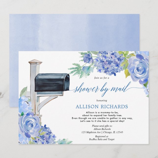 Shower by mail blue white floral boy baby shower invitation (Front/Back)