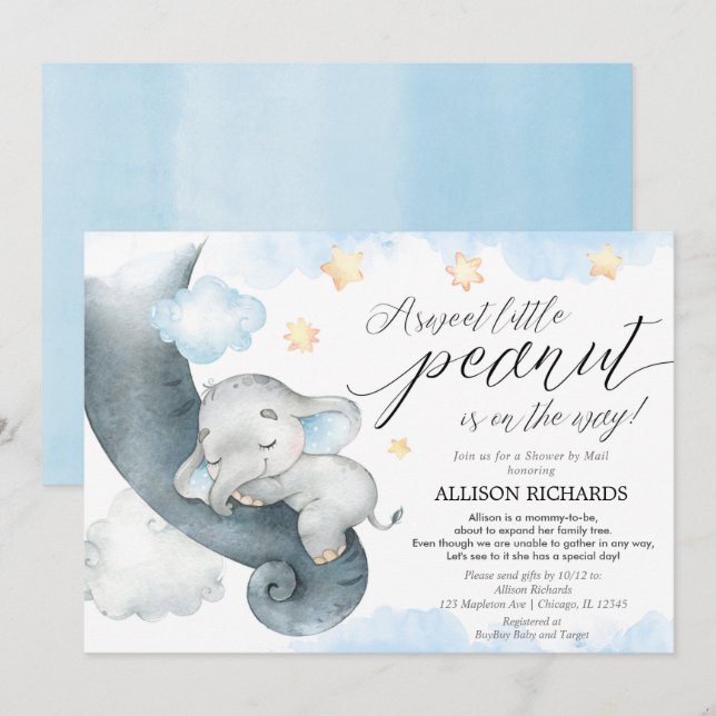 Shower by mail blue yellow elephant baby shower invitation (Front/Back)