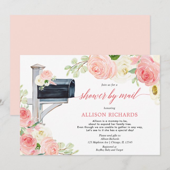 Shower by mail blush pink floral girl baby shower invitation (Front/Back)