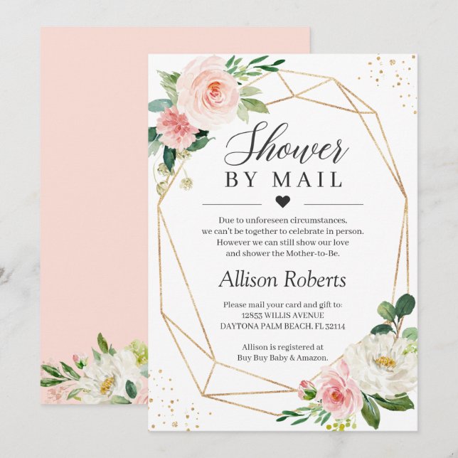 Shower By Mail Blush Pink Floral Gold Geometric Invitation (Front/Back)