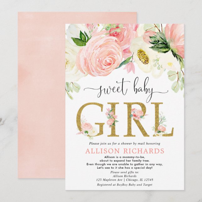 Shower by mail blush pink gold girl baby shower invitation (Front/Back)