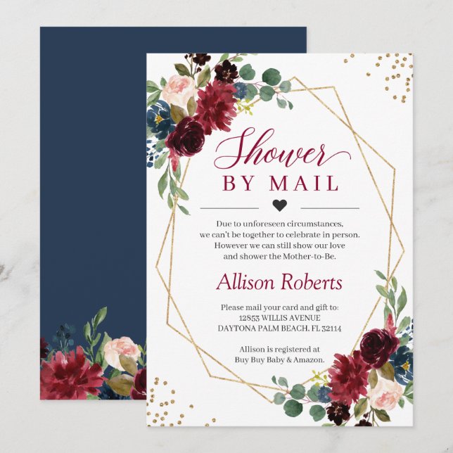 Shower By Mail Burgundy Navy Floral Gold Geometric Invitation (Front/Back)