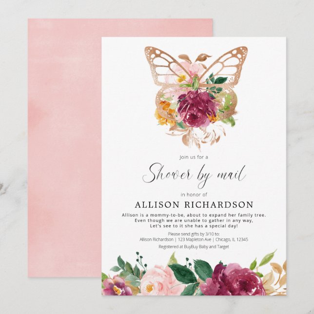 Shower by mail butterfly blush burgundy floral invitation (Front/Back)