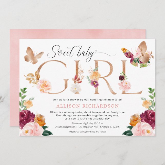 Shower by mail butterfly floral girl baby shower invitation (Front/Back)