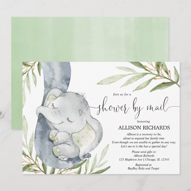 Shower by mail elephant gender neutral baby shower invitation (Front/Back)